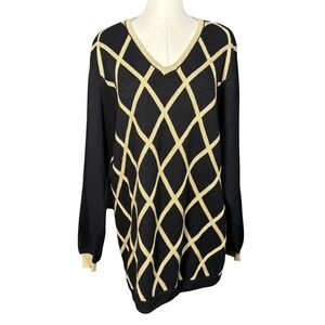 Vintage Bechamel Black & Gold Wool Metallic Knit Tunic Sweater Womens XL